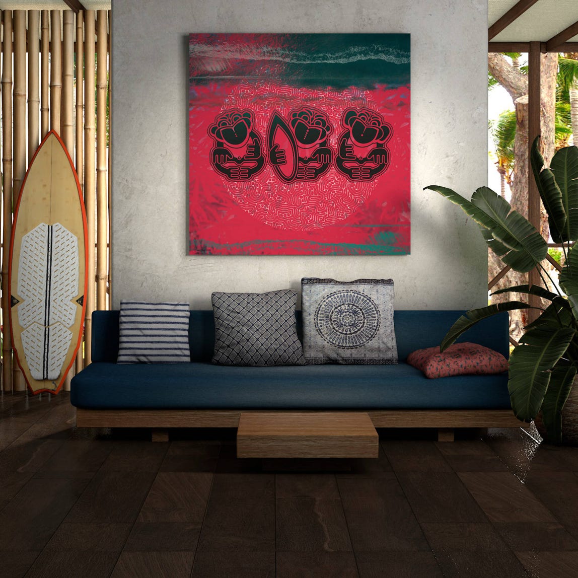 Artwork. Title: Hei Tiki. Surf Culture Collection (Surf Art). Working technique is Mixed Media. Illustration and composing. Original Fine Art Print.